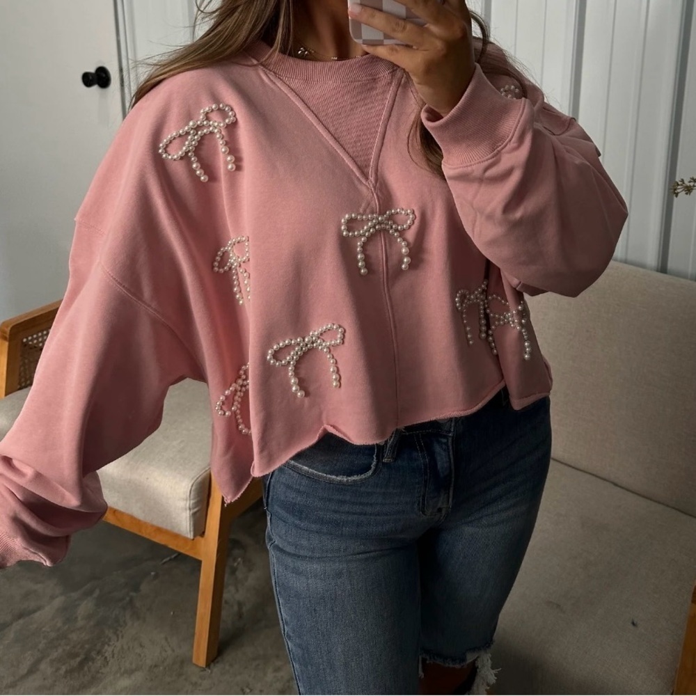 Peach Love California Pink and White Crew Neck Sweater
